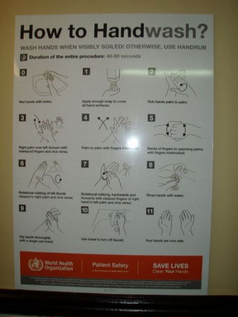 Og til slutt et bilde av en tolv stegs "bruksanvisning" for hvordan man skal vaske hender. Denne hang på doen på Mövenpick Hotel. 